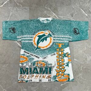 90s Vintage Miami Dolphins Graphic Tee Mens Medium All Over Print AOP Shirt